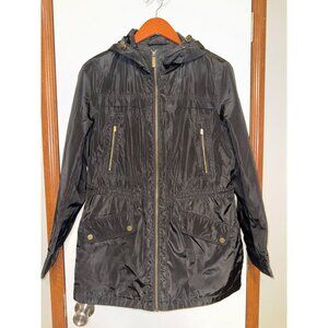 MICHAEL KORS MK Zip Black Trench Coat With Hood Size Medium
